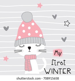 cute cat cartoon, my first winter, Merry Christmas with cat vector illustration