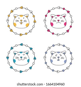 süßer Katzenkartoon auf Kreis Liebesgrafik Vektorillustration Set