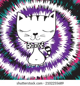 Cute cat cartoon on tie dye background vector illustration.