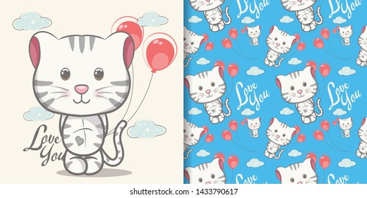 cute cat cartoon  with  pattern set