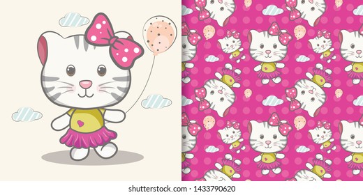 cute cat cartoon  with  pattern set