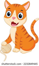 Cute cat cartoon playing with ball of yarn