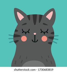 Cute cat cartoon portrait. Animal head vector illustration.