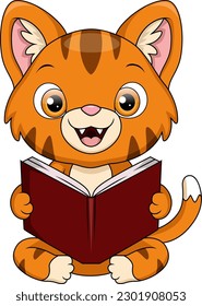 Cute cat cartoon reading a book