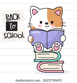 Cute Cat Cartoon Reading Book on Book Stack. Back to School Kids Kawaii Animals. Flat Baby Kitten Playing Illustration.