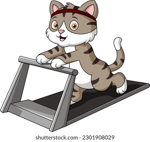 Caricatura de gato lindo corriendo sobre la cinta de correr