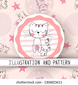 Cute cat - cartoon seamless pattern. Hand draw