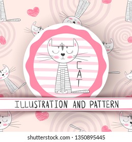 Cute cat - cartoon seamless pattern. Hand draw