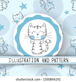 Cute cat - cartoon seamless pattern. Hand draw