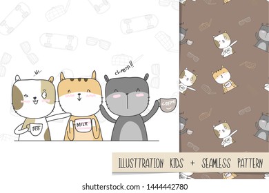 cute cat cartoon set seamless pattern illustration  for kids - vector