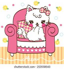 Cute  Cat cartoon sitting in a sofa on flower background