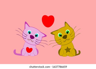 Cute cat cartoon are sitting together with red heart for lover romantic and valentine's day background. Vector illustration cute animal style.