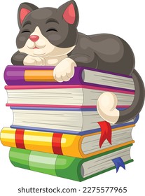 Cute cat cartoon sleeping on pile of books