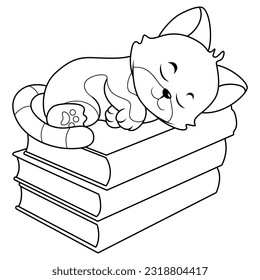 Cute cat cartoon sleeping on pile of books on line art