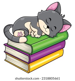 Cute cat cartoon sleeping on pile of books