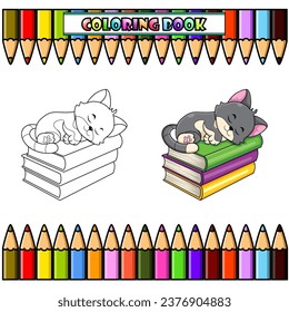 Cute cat cartoon sleeping on pile of books for coloring book