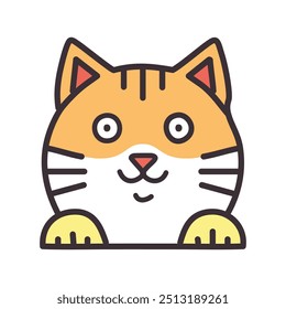 Cute cat cartoon. Smiling orange tabby cat peeking around corner with paws showing.