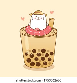 cute cat cartoon swimming on the bubble tea cup.summer concept. boba logo