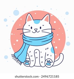 Cute Cat Cartoon Wearing Blue Scarf in Snow Winter Season with Smile Expression