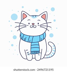 Cute Cat Cartoon Wearing Blue Scarf in Snow Winter Season with Smile Expression