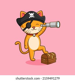 Cute cat cartoon wearing pirate costume. Vector illustration