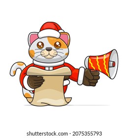 cute cat cartoon, wearing santa costume holding megaphone and reading script, cute animal character wearing christmas costume, front view. kawaii and simple style, suitable for christmas content