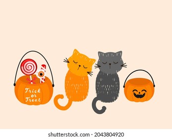 Cute cat cartoons   pumpkin bucket icon orange background vector illustration 