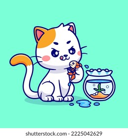 Cute Cat Catch Fish In Aquarium Cartoon Vector Icon Illustration. Animal Nature Icon Concept Isolated Premium Vector. Flat Cartoon Style