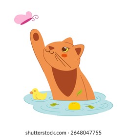 A cute cat catches a butterfly in the water. Color clip art for your projects.