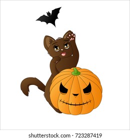 Cute cat catching a bat, cartoon vector  illustration