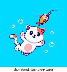 Cute Cat Catching Fisch Cartoon Vektorsymbol Illustration. Tiernatur-Symbol Konzept isolierter Premium-Vektorgrafik. Flachbildkartonstil