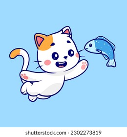 Ilustración del icono del vector de dibujos animados de peces de captura de gato. Vector Premium Aislado De Icono De Alimentos Animales. Estilo de dibujo plano