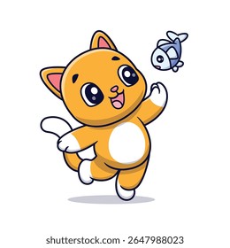 Cute Cat Catching Fish Cartoon Vector Icon Illustration. Animal Food Icon Concept Isolated Premium Vector. Flat Cartoon Style