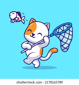 Cute Cat Catching Fish With Fishing Net Cartoon Vector Icon Illustration. Animal Nature Icon Concept Isolated Premium Vector. Flat Cartoon Style