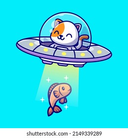 Cute Cat Catching Fish With Ufo Cartoon Vector Icon Illustration. Animal Technology Icon Concept Isolated Premium Vector. Flat Cartoon Style