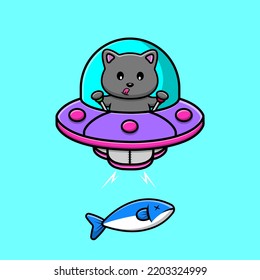 Cute Cat Catching Fish With Ufo Cartoon Vector Icon Illustration. Flat Cartoon Concept