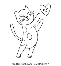 Cute cat catching a heart black and white print. Happy feline character with heart for Valentine's Day and Love coloring page. Vector illustration