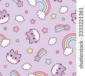 Cute Cat Caticorn or Kitten Unicorn vector seamless pattern. Kawaii Cat Unicorn. Isolated vector illustration for kids design prints, posters, t-shirts, stickers