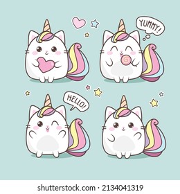Cute Cat Caticorn or Kitten Unicorn set with rainbow and hearts. Vector Cat Unicorn with lollipop. Isolated vector illustration for kids design prints, posters, t-shirts, stickers svg
