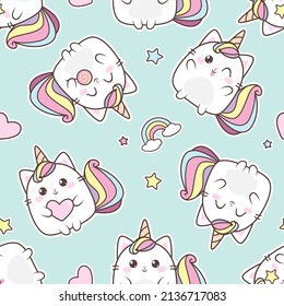 Cute Cat Caticorn or Kitten Unicorn vector seamless pattern. Kawaii Cat Unicorn with lollipop. Isolated vector illustration for kids design prints, posters, t-shirts, stickers svg