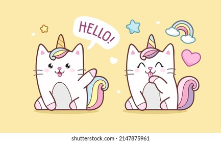 Cute Cat Caticorn or Kitten Unicorn set with rainbow and hearts. Vector Cat Unicorn says Hello! Isolated vector illustration for kids design prints, posters, t-shirts, stickers svg