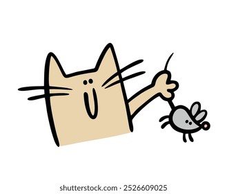 Cute cat caught the mouse. Vector illustration of a kitten with a long mustache holding a little mouse by the tail. Rodent hunting, the pet has won. Isolated character on white background.