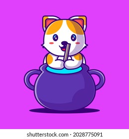 Cute Cat with Cauldron Cartoon Illustration. Halloween Flat cartoon Style Concept