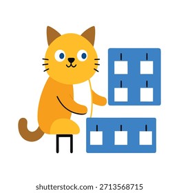 Nette Katze feiert Ende des Arbeitstages mit fröhlicher Pose, drückt Freude aus und fügt spielerischen Charme zu modernen professionellen Büro-Vektorgrafiken hinzu.