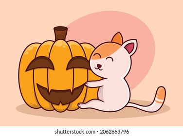 Cute cat celebrating halloween by hugging halloween pumpkin, cute halloween illustration, cute halloween vector