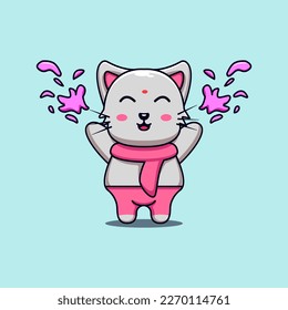 Cute Cat Celebrating Holy Festival Vector Illustration Cat Mascot Cartoon Character