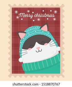 cute cat celebration happy christmas stamp