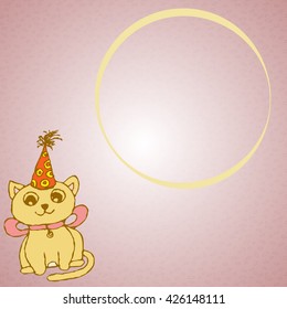 Cute cat in a celebratory cap sitting in the left corner of the picture next to the space for text.