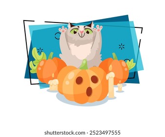 Cute cat character among pumpkins and burning candles vector illustration on abstract background. Halloween, pet, magic concept. Can be used for banner, poster or invitation design