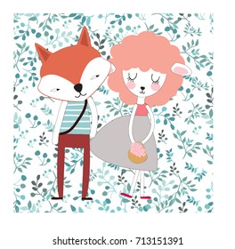 Cute cat character animal couple lover fox wolf and sheep lamp doodle comic cartoon art pattern vector illustration adorable leave flower floral background seamless green pastel color